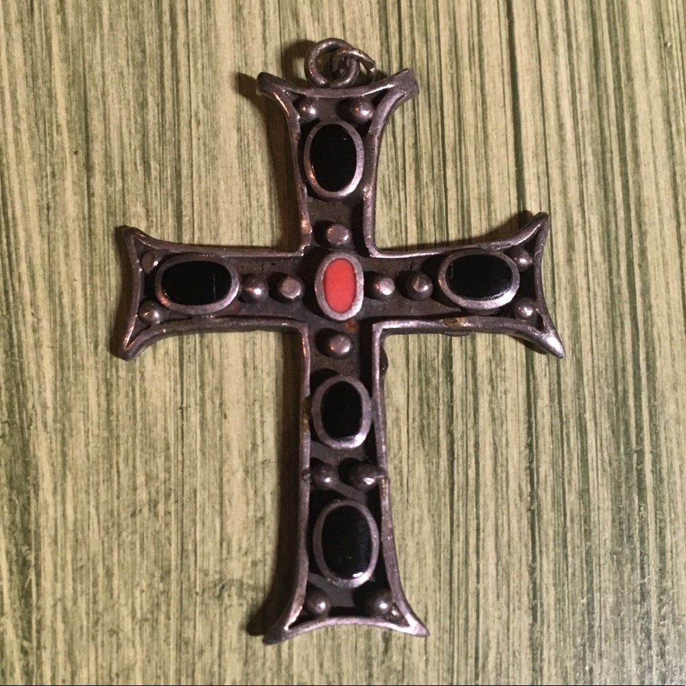 Antique sterling cross pendant jet and coral